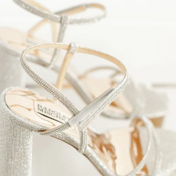 Badgley Mischka Rebekah Platinum Silver Women 8 Block Heel Sandal Fabric - Picture 8 of 14